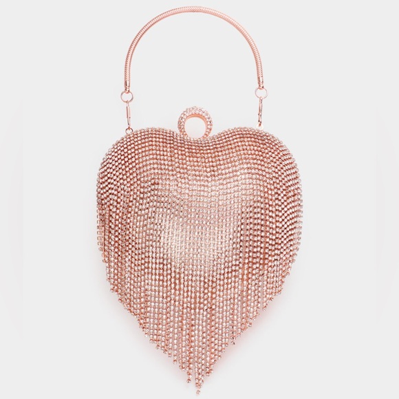 Handbags - Rose Pink Gold Metallic Fringe Crystal Heart Shape Evening Bag